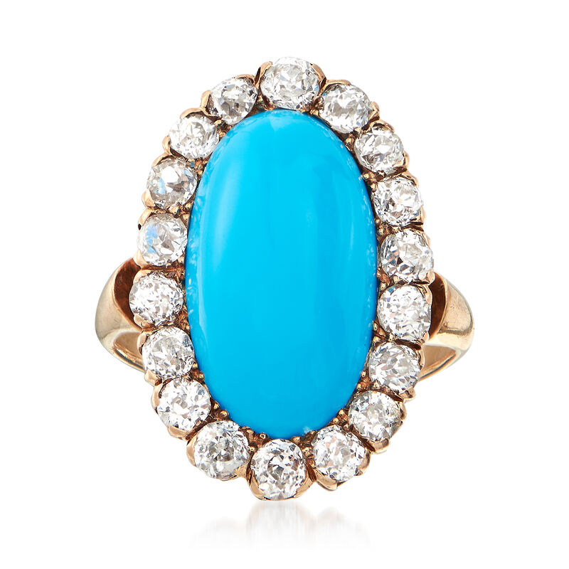 C. 1920 Vintage Aqua Turquoise and 1.10 ct. t.w. Diamond Halo Ring in 14kt Yellow Gold. Size 4 image number 0