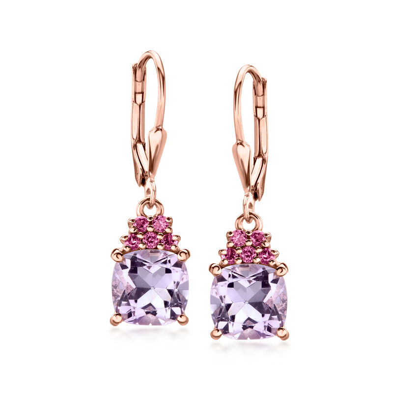 3.60 ct. t.w. Amethyst and .40 ct. t.w. Rhodolite Garnet Drop Earrings in 18kt Rose Gold Over Sterling image number 0