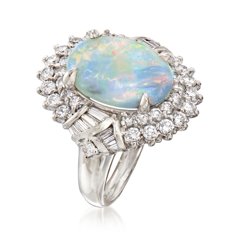C. 1990 Vintage Opal and 1.23 ct. t.w. Diamond Ring in Platinum image number 2
