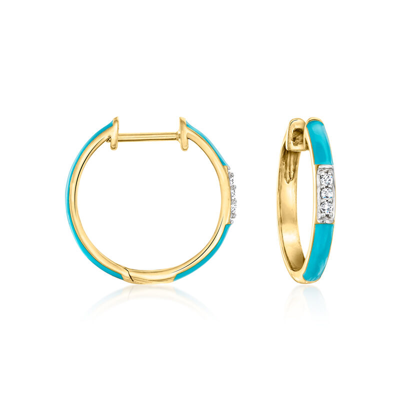 Turquoise Enamel and Diamond Hoop Earrings in 18kt Gold Over Sterling. 5/8&quot; image number 0