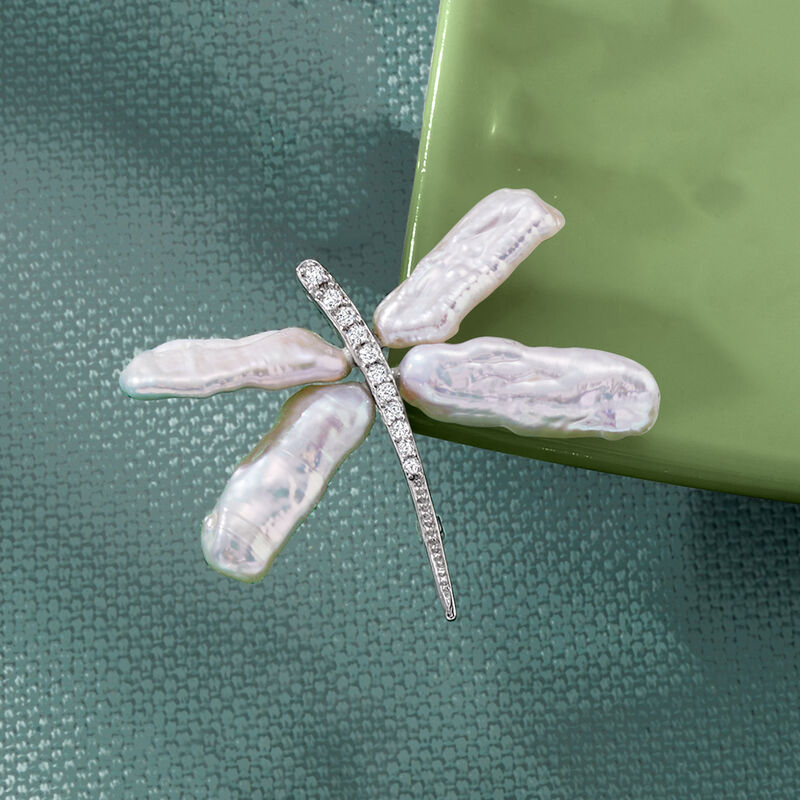 6x20mm Cultured Pearl and .20 ct. t.w. CZ Dragonfly Pin/Pendant in Sterling Silver image number 4