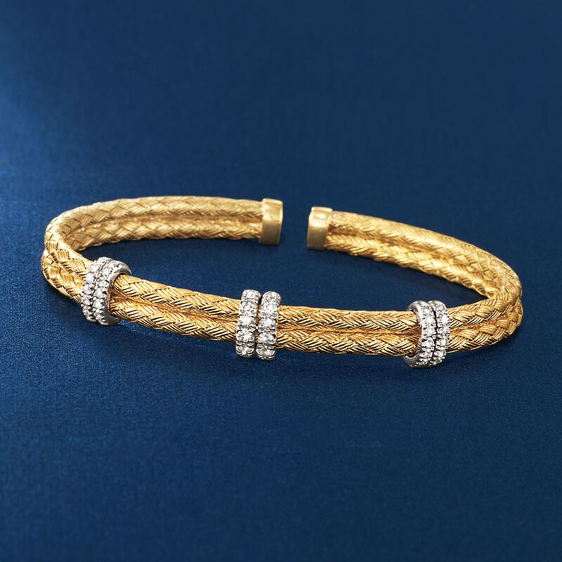 .50 ct. t.w. Diamond Basketweave Cuff Bracelet in 14kt Gold Over Sterling. 7&quot; image number 2