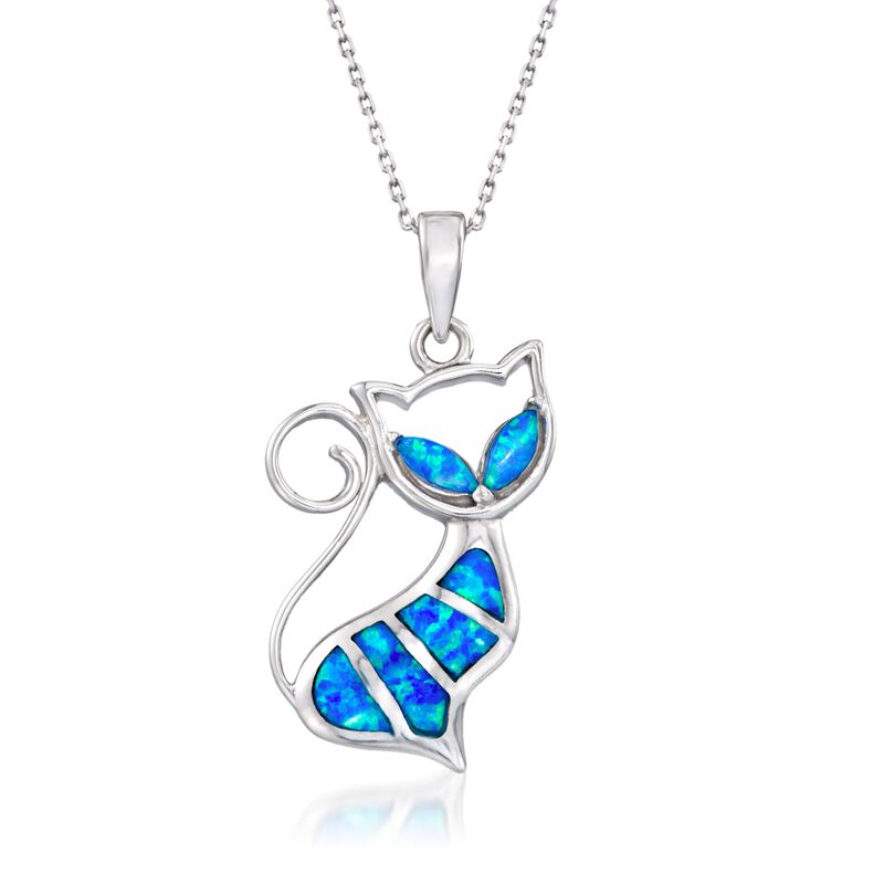 Blue Synthetic Opal Cat Pendant Necklace in Sterling Silver. 18&quot; image number 1