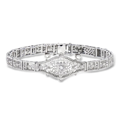 C. 1980 Vintage 14kt White Gold Filigree Bracelet with Single Diamond