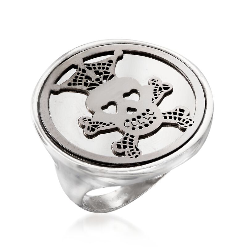 Italian Sterling Silver Skull and Crossbones Disc Ring image number 3