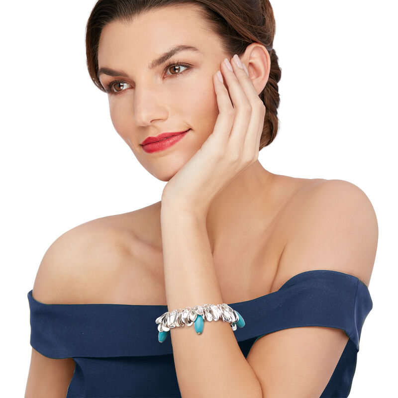 Turquoise-Blue Glass Bead Leaf Bracelet in Silvertone. 7&quot; image number 1