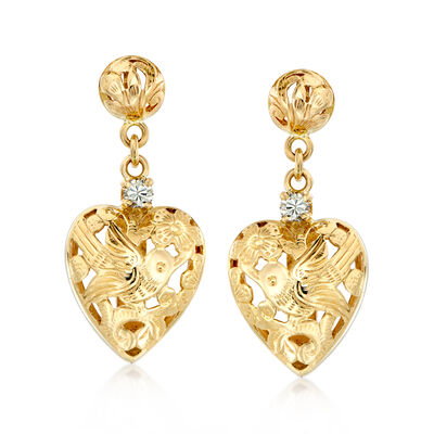 C. 1980 Vintage 14kt Yellow Gold Heart Drop Earrings with Diamonds