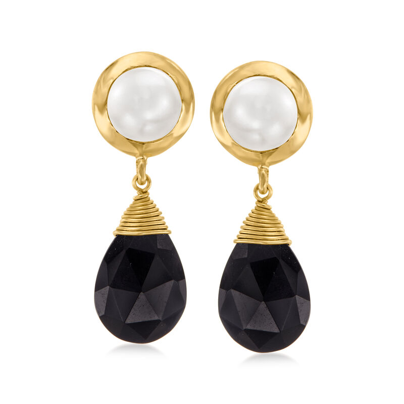 7.5-8mm Cultured Pearl and Black Onyx Drop Earrings in 18kt Gold Over Sterling image number 0