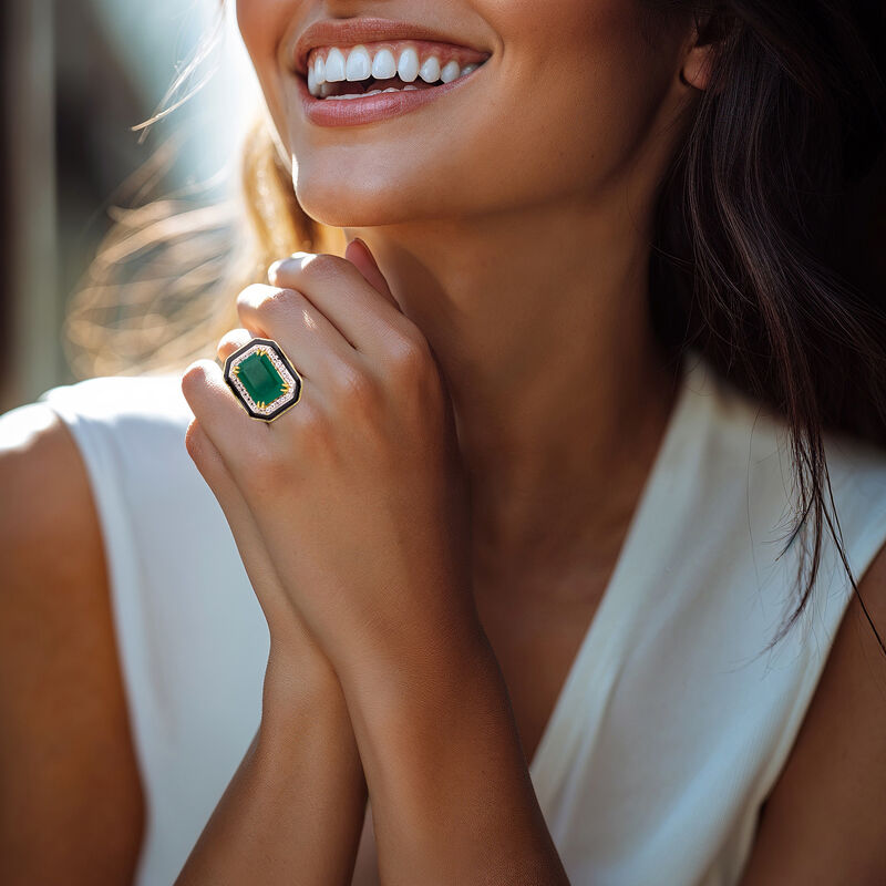 Green Chalcedony and .60 ct. t.w. White Topaz Ring with Black Enamel in 18kt Gold Over Sterling image number 1