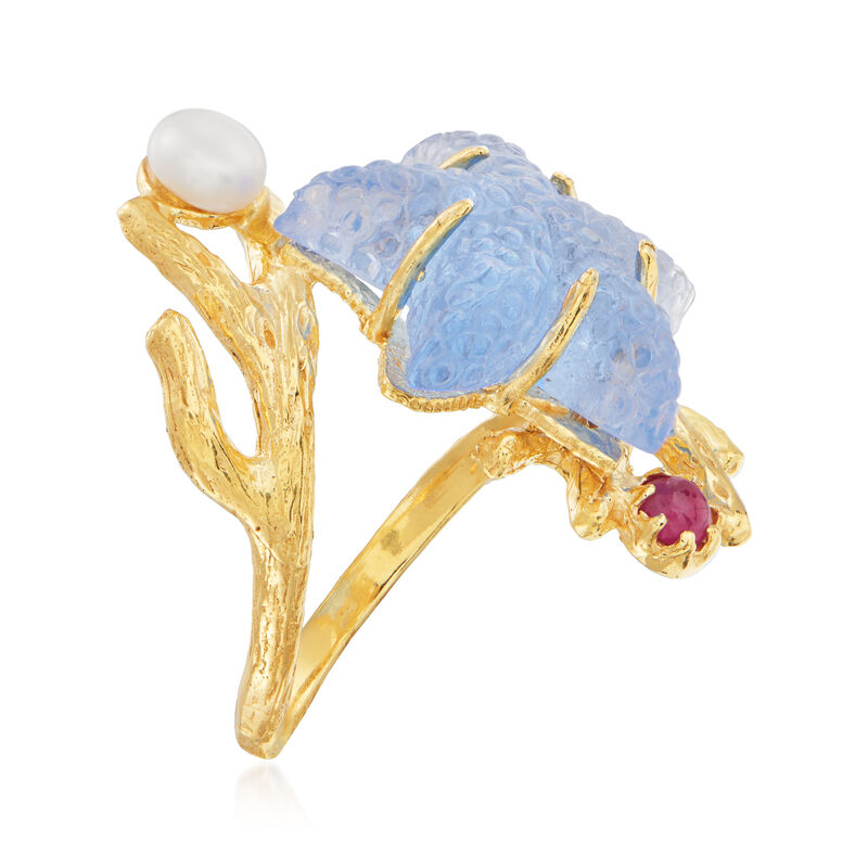 Tagliamonte Blue Venetian Glass Starfish Ring with .10 Carat Ruby and Cultured Pearl in 18kt Gold Over Sterling image number 2
