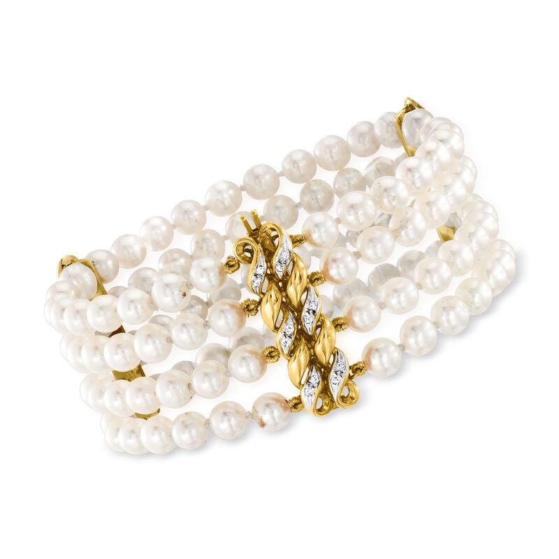 C. 1980 Vintage 5-5.5mm Cultured Pearl Multi-Row Bracelet with .15 ct. t.w. Diamonds in 18kt Yellow Gold. 7&quot; image number 0