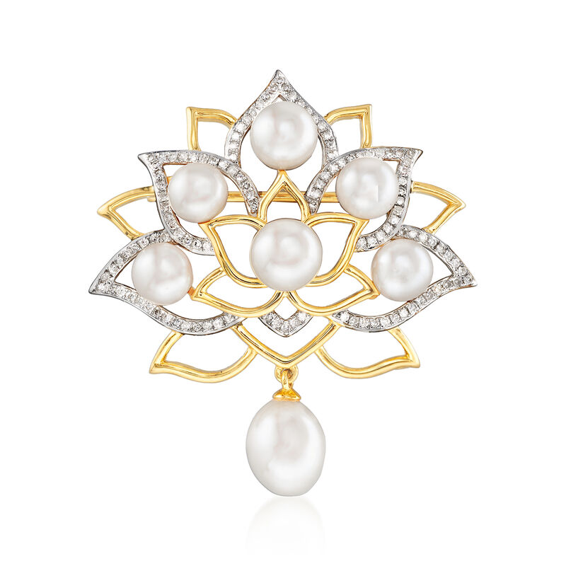 5.5-7.5mm Cultured Pearl and .33 ct. t.w. Diamond Lotus Flower Pin in 18kt Gold Over Sterling image number 0