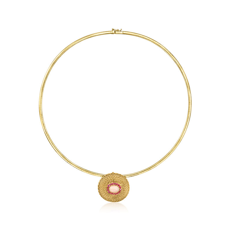 C. 1980 Vintage Pink Coral and 1.00 ct. t.w. Ruby Pendant Necklace in 14kt and 18kt Yellow Gold. 18.5&quot; image number 0