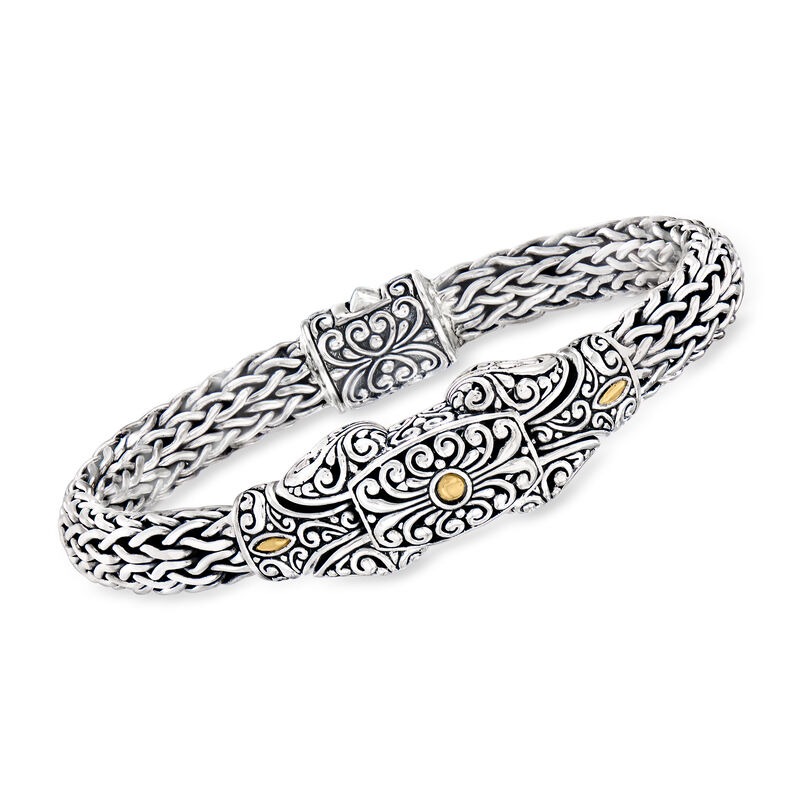 Sterling Silver Bali-Style Woven Wheat-Link Bracelet with 18kt Yellow Gold image number 0