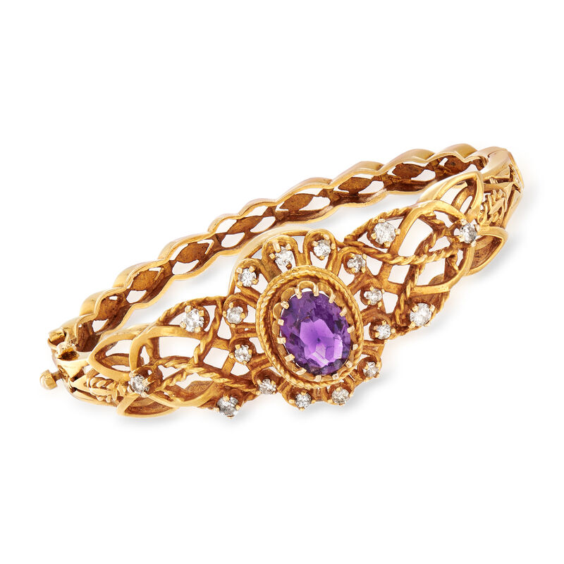C. 1970 Vintage 2.65 Carat Amethyst and .85 ct. t.w. Diamond Bangle in 14kt Yellow Gold image number 0