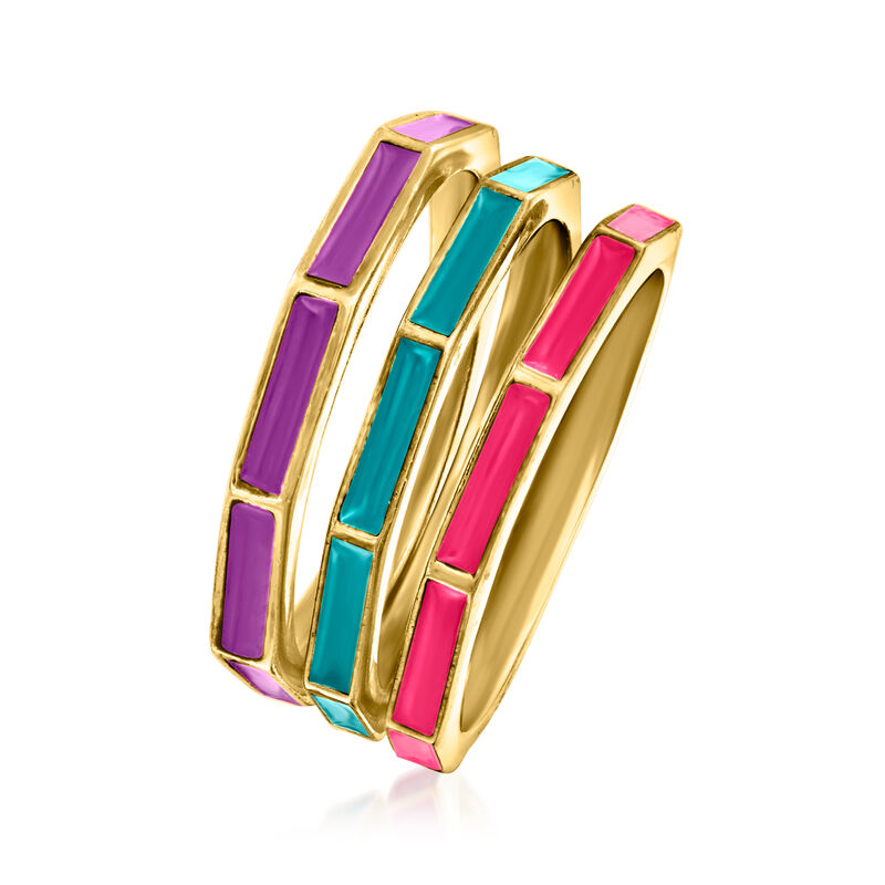 Italian Multicolored Enamel Jewelry Set: Three Geometric Rings in 18kt Gold Over Sterling image number 2