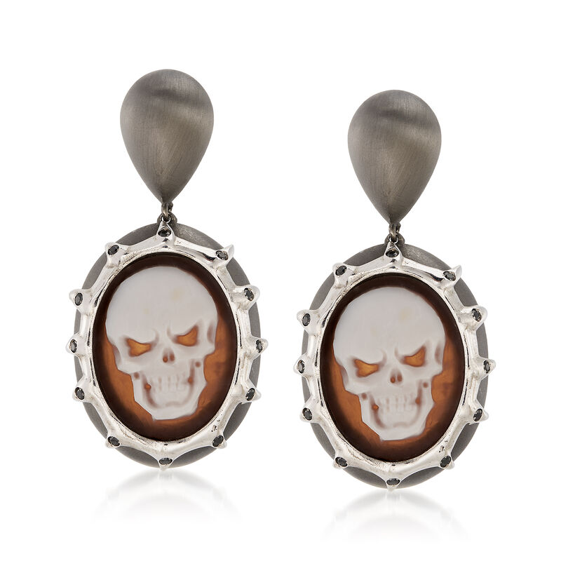 Italian .30 ct. t.w. Black CZ Skull Cameo Drop Earrings in Sterling Silver image number 0