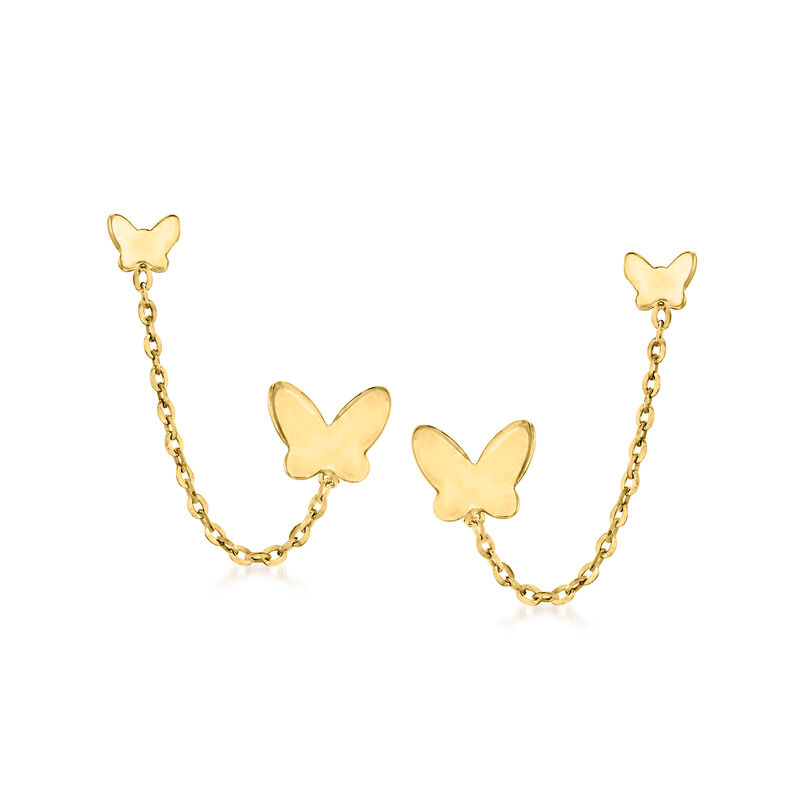 14kt Yellow Gold Double-Piercing Butterfly Chain Earrings image number 0