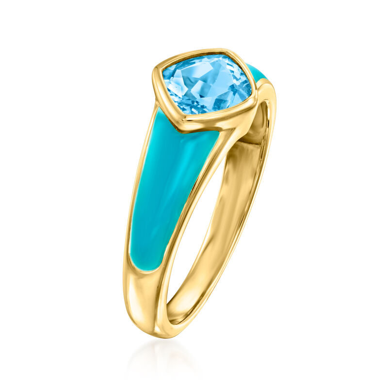 1.00 Carat Swiss Blue Topaz and Blue Enamel Ring in 18kt Gold Over Sterling image number 2