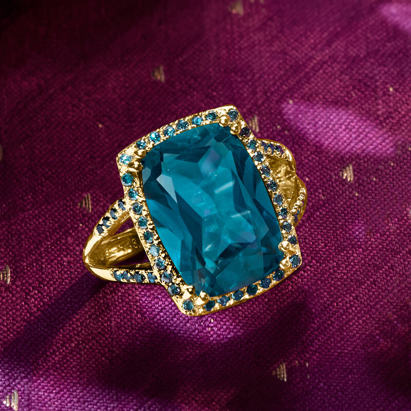 9.75 Carat London Blue Topaz and .30 ct. t.w. Blue Diamond Ring in 14kt Yellow Gold image number 3