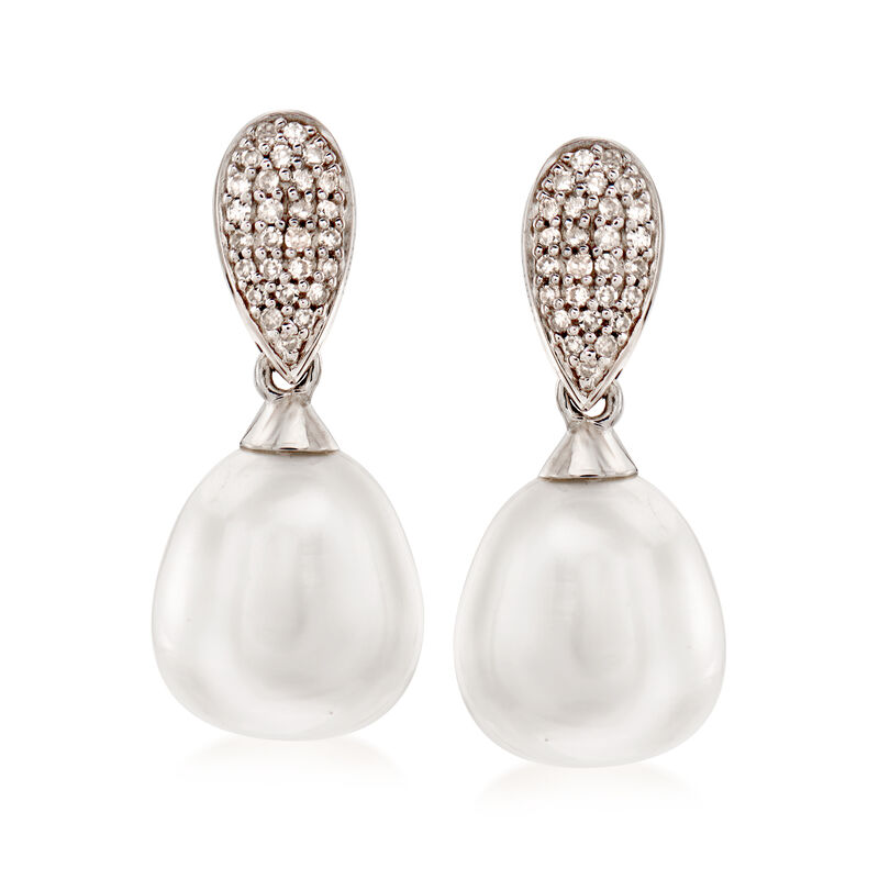 9.5-10mm Cultured Pearl and .15 ct. t.w. Diamond Drop Earrings in Sterling Silver image number 0