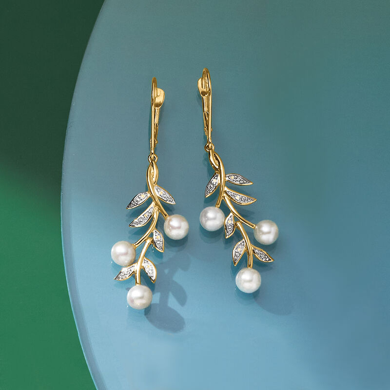 5mm Cultured Pearl and Diamond Leaf Drop Earrings in 14kt Yellow Gold  image number 3