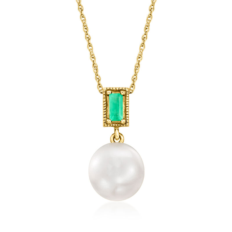 7.5-8mm Cultured Pearl and Emerald Pendant Necklace in 10kt Yellow Gold. 18&quot; image number 1