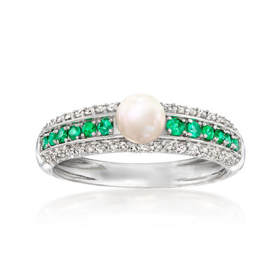 4.5-5mm Cultured Pearl, .25 ct. t.w. Diamond and .20 ct. t.w. Emerald Ring in Sterling Silver