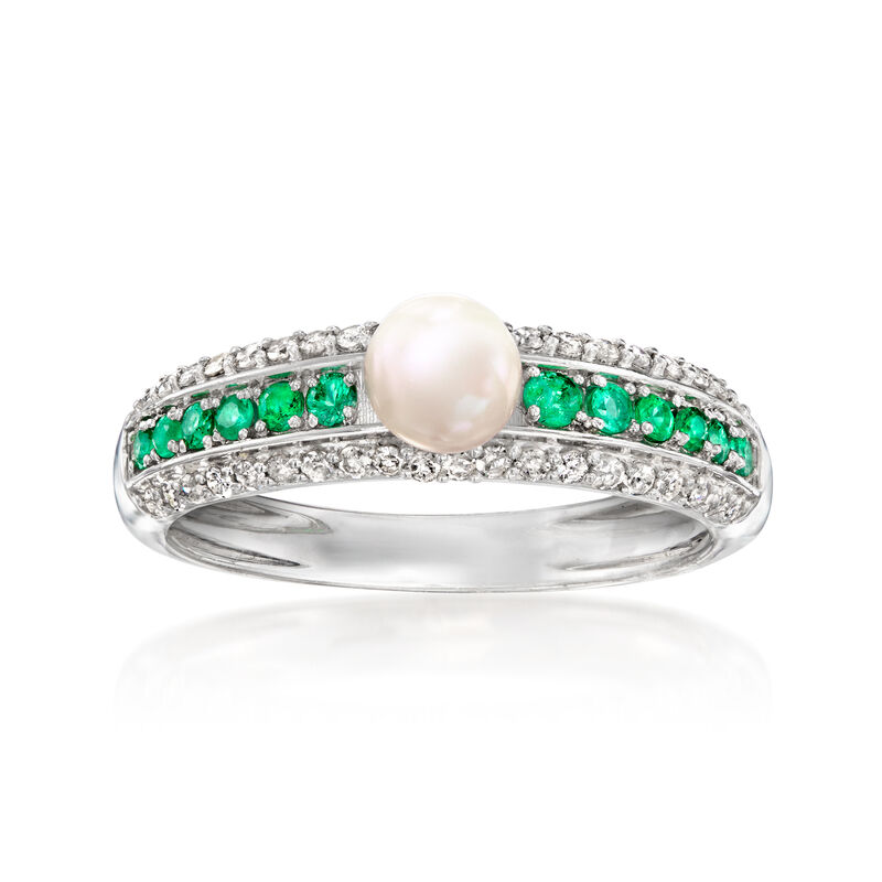 4.5-5mm Cultured Pearl, .25 ct. t.w. Diamond and .20 ct. t.w. Emerald Ring in Sterling Silver image number 0