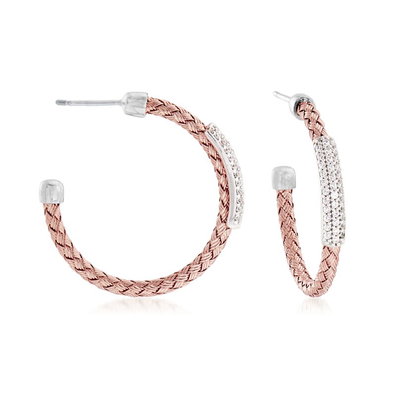 .60 ct. t.w. Pave CZ Basketweave Hoop Earrings in Sterling Silver and 18kt Rose Gold Over Sterling Silver image number 0