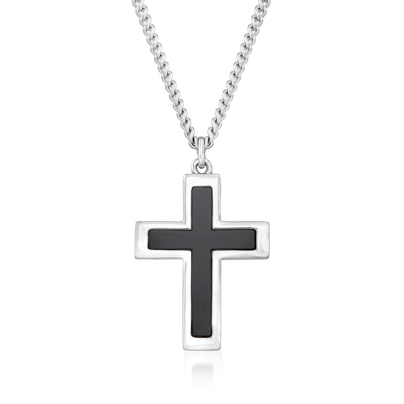Men's Onyx Cross Pendant Necklace in Sterling Silver and Stainless Steel. 24&quot; image number 0