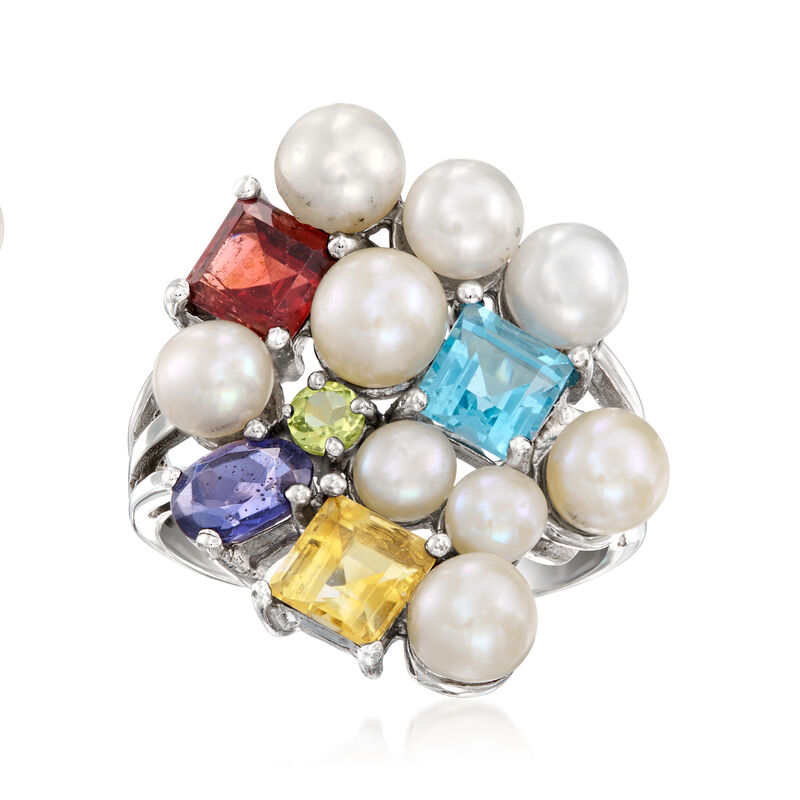 C. 2000 Vintage 4.5-5mm Cultured Pearl and 2.77 ct. t.w. Multi-Gemstone Ring in Sterling Silver. Size 7.5 image number 0