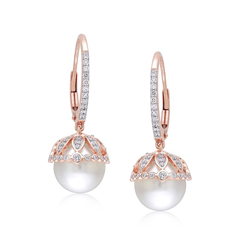 9-9.5mm Cultured Pearl and .51 ct. t.w. Diamond Drop Earrings in 14kt Rose Gold  image number 0