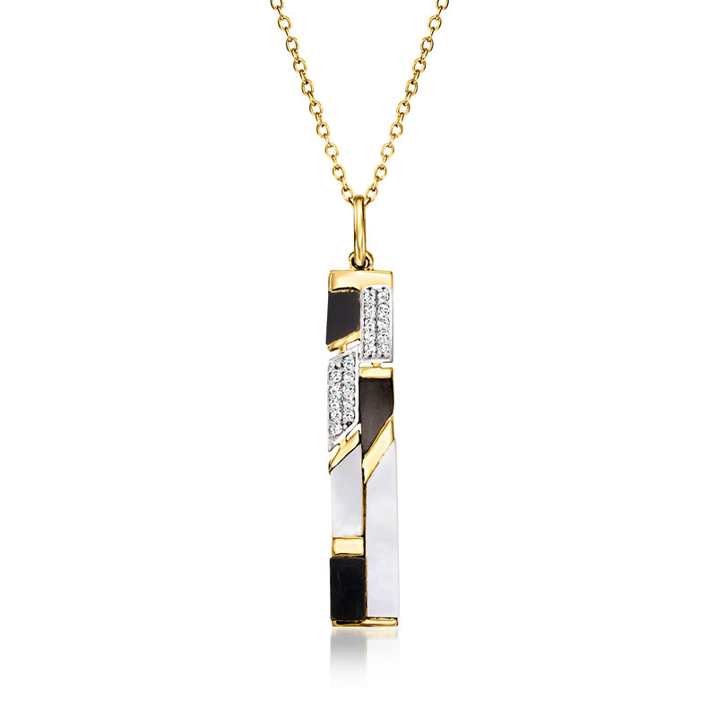 Mother-Of Pearl and Onyx Pendant Necklace with .10 ct. t.w. White Topaz in 18kt Yellow Gold Over Sterling. 18" image number 1