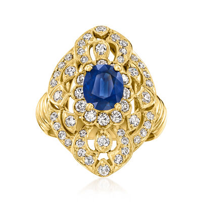 C. 1990 Vintage 2.17 Carat Sapphire Openwork Ring with 1.33 ct. t.w. Diamonds in 18kt Yellow Gold