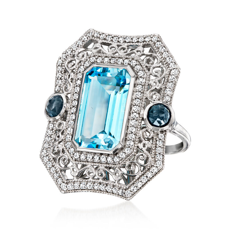 6.50 Carat Sky Blue Topaz Ring with 1.20 ct. t.w. London Blue and White Topaz in Sterling Silver image number 2