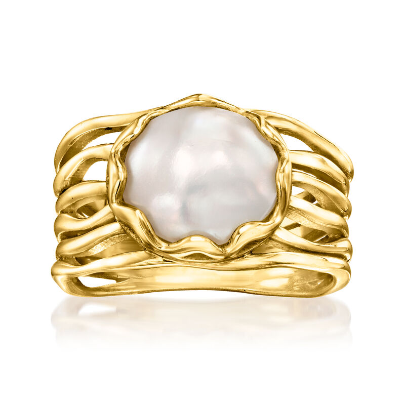 9x11mm Bezel-Set Cultured Pearl Multi-Row Ring in 18kt Gold Over Sterling image number 0