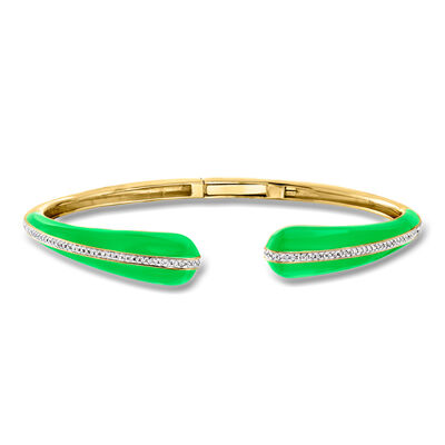 Green Enamel and .20 ct. t.w. Diamond Cuff Bracelet in 18kt Gold Over Sterling