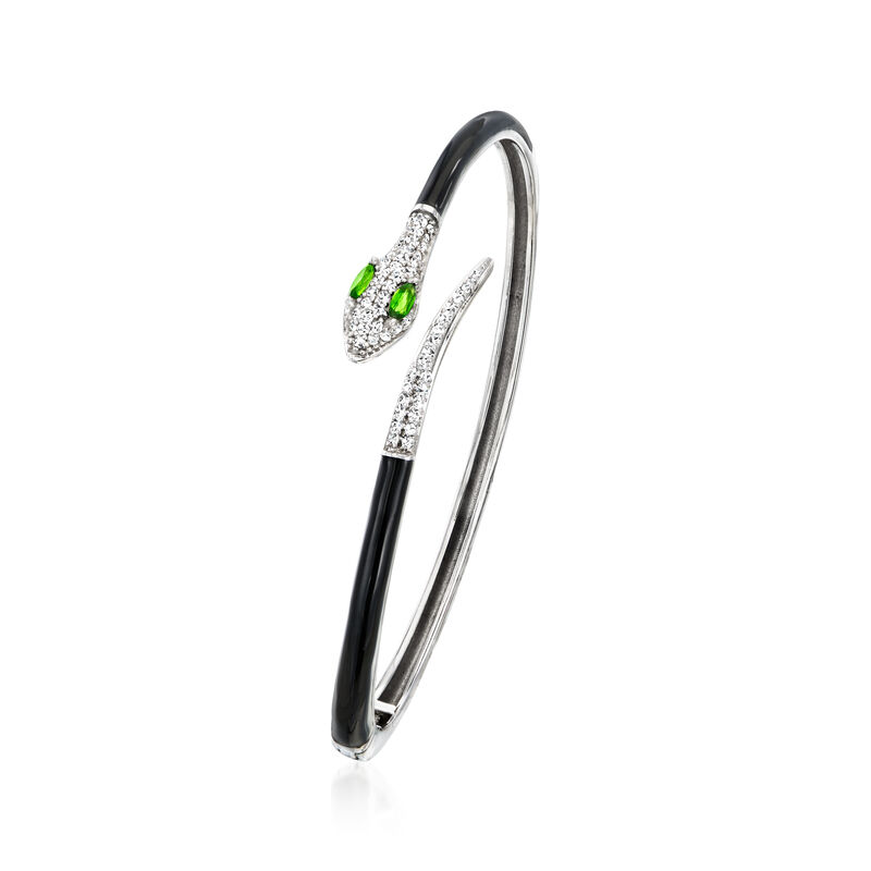 .60 ct. t.w. White Zircon and .10 ct. t.w. Chrome Diopside Snake Cuff Bracelet with Black Enamel in Sterling Silver. 7&quot; image number 2