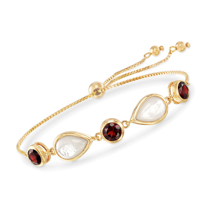 Mother-of-Pearl and 6.00 ct. t.w. Garnet Bolo Bracelet in 18kt Gold Over Sterling image number 0