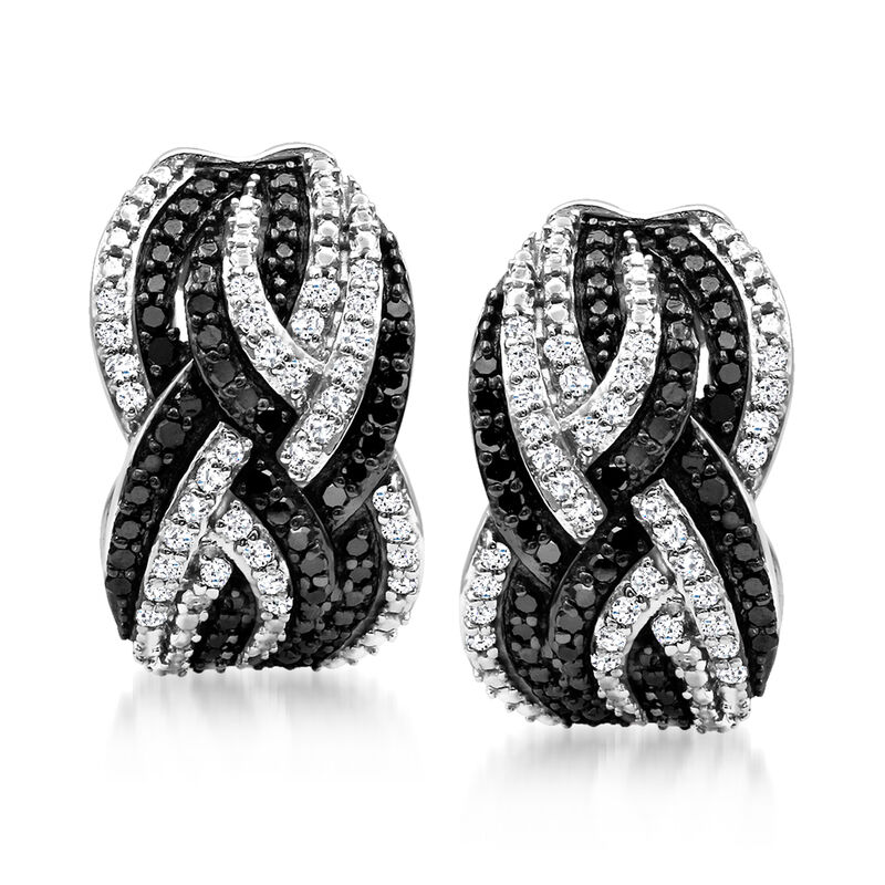 1.00 ct. t.w. Black and White Diamond Woven C-Hoop Earrings in Sterling Silver. 5/8" image number 0