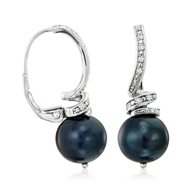 10-10.5mm Black Cultured Pearl and .13 ct. t.w. Diamond Drop Earrings in Sterling Silver image number 2