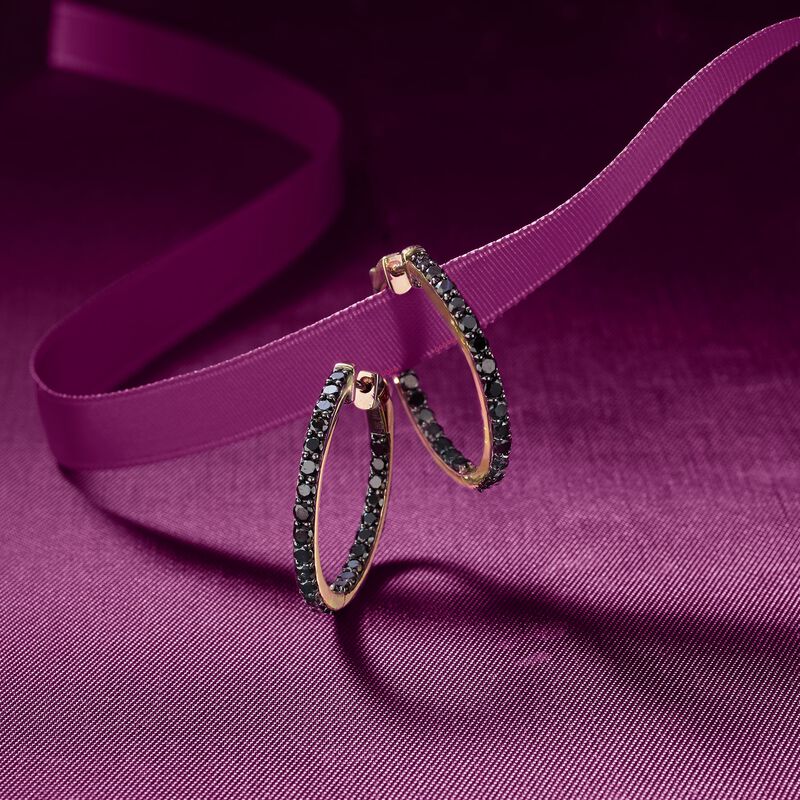 2.00 ct. t.w. Black Diamond Inside-Outside Hoop Earrings in 14kt Yellow Gold. 7/8&quot; image number 2