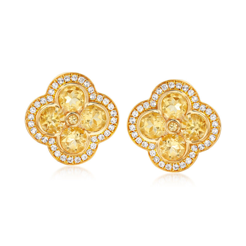 3.30 ct. t.w. Citrine and .50 ct. t.w. White Topaz Floral Earrings in 18kt Gold Over Sterling image number 0