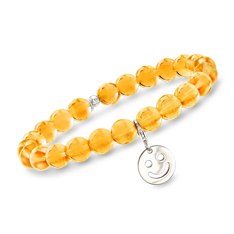 Italian Yellow Murano Glass Bead Stretch Bracelet with Sterling Silver Smiley Charm image number 0