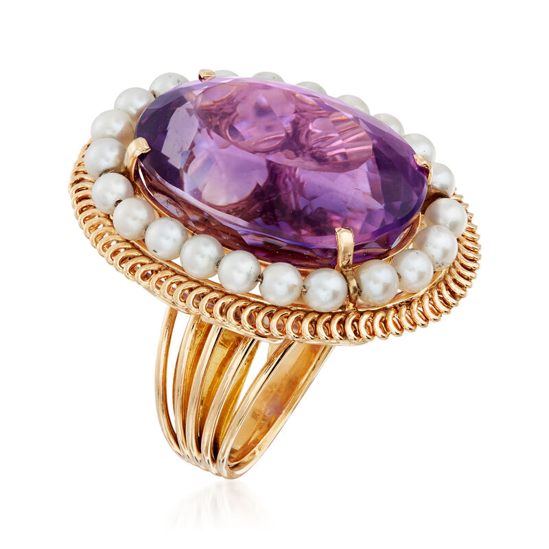 C. 1960 Vintage 3.5mm Cultured Pearl and 41.00 Carat Amethyst Ring in 14kt Yellow Gold. Size 7 image number 2