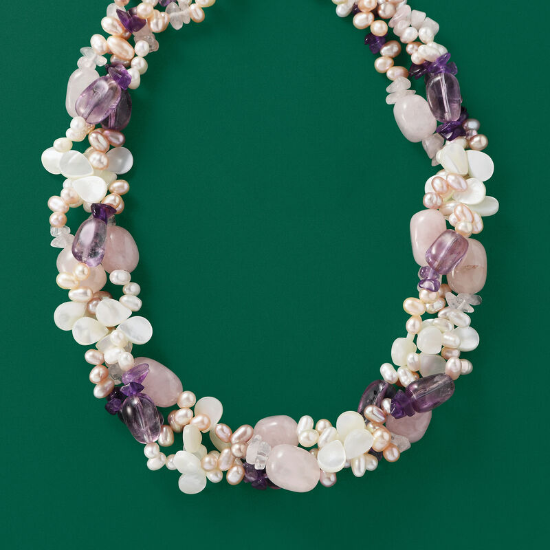8mm Cultured Pearl and 330.00 ct. t.w. Rose Quartz Torsade Necklace with 145.00 ct. t.w. Amethysts in Sterling Silver. 18&quot; image number 3