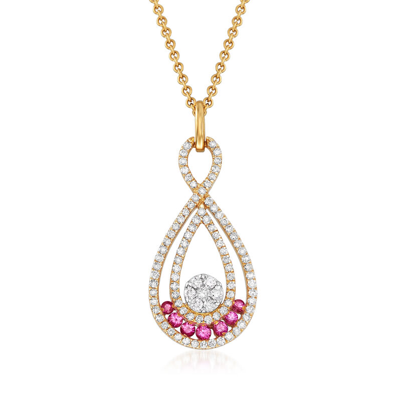 C. 1990 Vintage Giantti .45 ct. t.w. Diamond and .15 ct. t.w. Pink Sapphire Pendant Necklace in 18kt Yellow Gold. 15.75&quot; image number 0