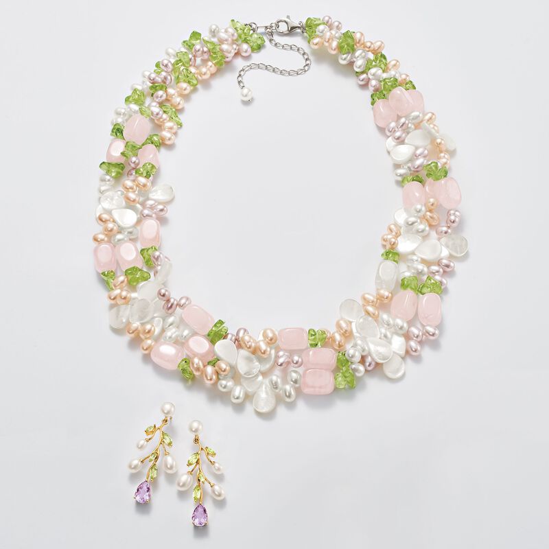 4-6mm Cultured Pearl Tree Branch Earrings with 1.80 ct. t.w. Amethyst and 1.20 ct. t.w. Peridot in 18kt Gold Over Sterling image number 3