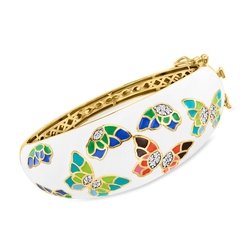 3.00 ct. t.w. White Topaz and Multicolored Enamel Butterfly Bangle Bracelet in 18kt Gold Over Sterling image number 0